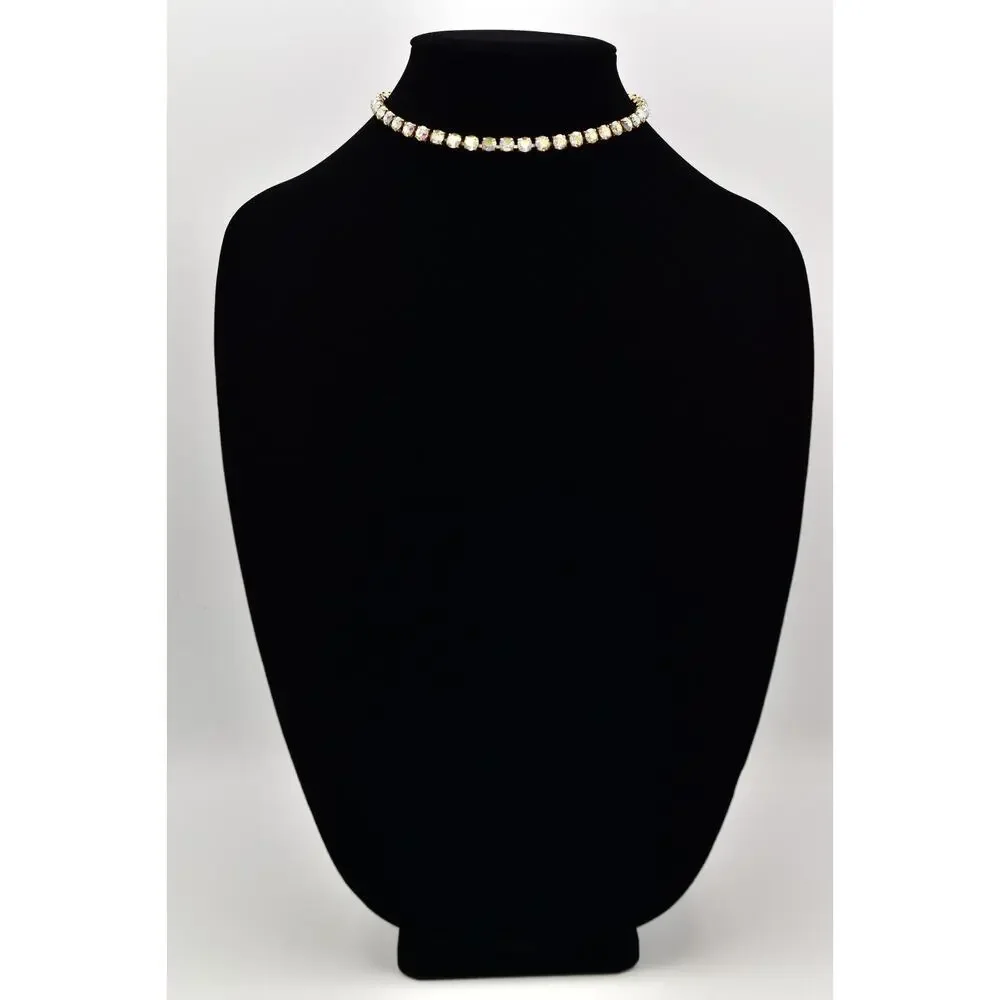 Vintage Crystal Choker Necklace Aurora Borealis Round Prong Rhinestone 80s BinBL